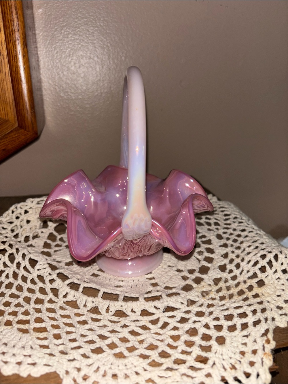 Fenton Pink Glass Basket with Iridescent Handle